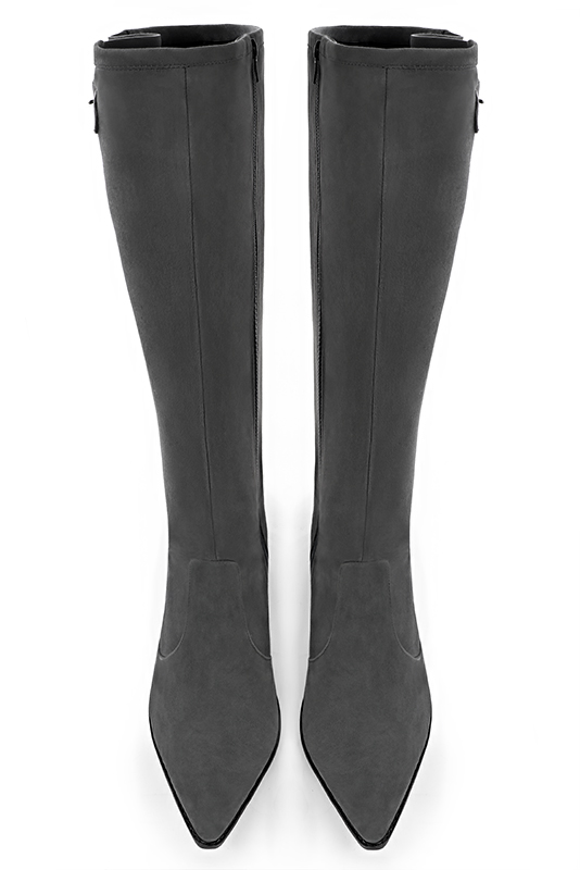 Dark grey women's knee-high boots with buckles. Tapered toe. Low cone heels. Made to measure. Top view - Florence KOOIJMAN